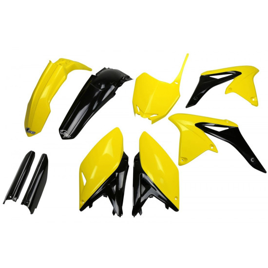 UFO PLASTIC SET (FULL KIT) WITH TELESCOPE (SHOCK ABSORBER) COVERS SUZUKI RMZ 250 '10-'18 OEM COLOR '14-'16 (YELLOW / BLA