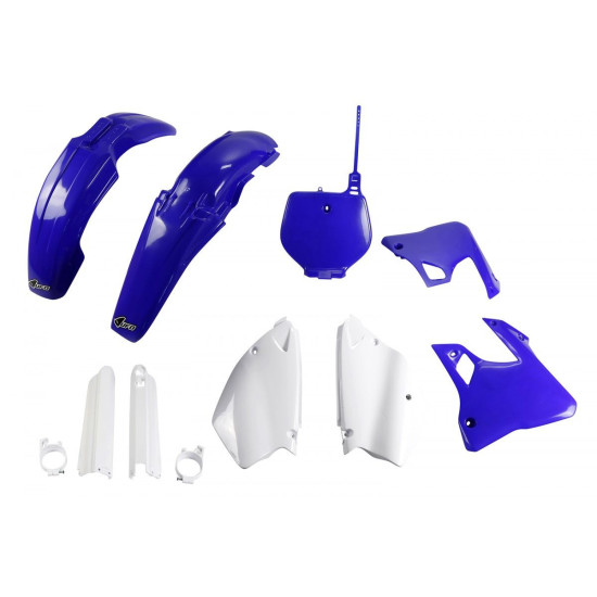 UFO PLASTIC SET (FULL KIT) WITH TELESCOPE (SHOCK ABSORBER) COVERS YAMAHA YZ 125 '96-'99, YZ 250 '96-'99 COLOR BLUE / WHI