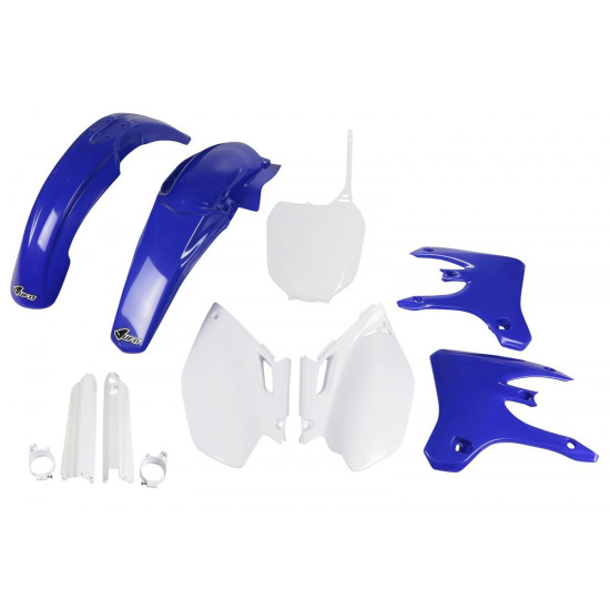 UFO PLASTIC SET (FULL KIT) WITH TELESCOPE (SHOCK ABSORBER) COVERS YAMAHA YZF 250 / 450 '03-'05 OEM COLOR (WHITE / BLUE) 