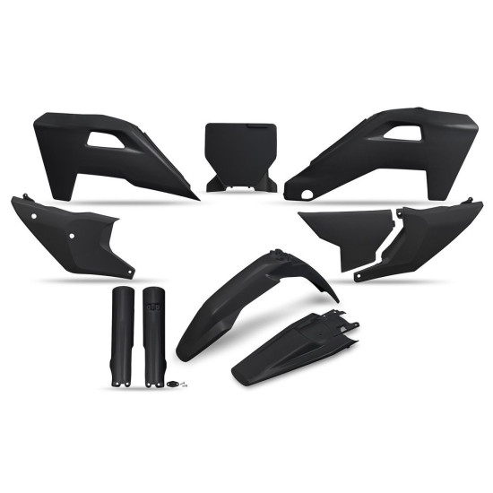 UFO PLASTIKINIS RINKINYS (PILNAS KOMPLEKTAS) SU TELESKOPINĖMIS APSAUGOMIS (AMORTIZATORIAIS) HUSQVARNA TC 125 / 150 / 250