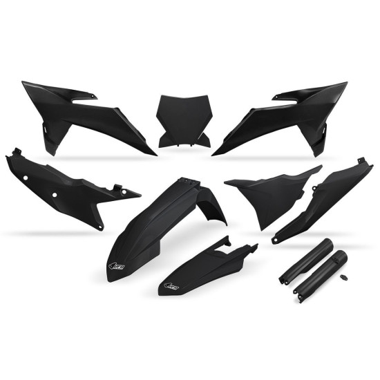UFO PLASTIKINIS RINKINYS (PILNAS KOMPLEKTAS) SU TELESKOPO (AMORTIZATORIAUS) APSAUGOMIS KTM SX 125 / 150 / 250 / 300 '25-