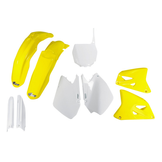 UFO PLASTIKINIS KOMPLEKTAS (PILNAS) SU TELESKOPINIAIS DANGTELIAIS (AMORTIZATORIAI) SUZUKI RM 125 / 250 '06-'24 OEM SPALV