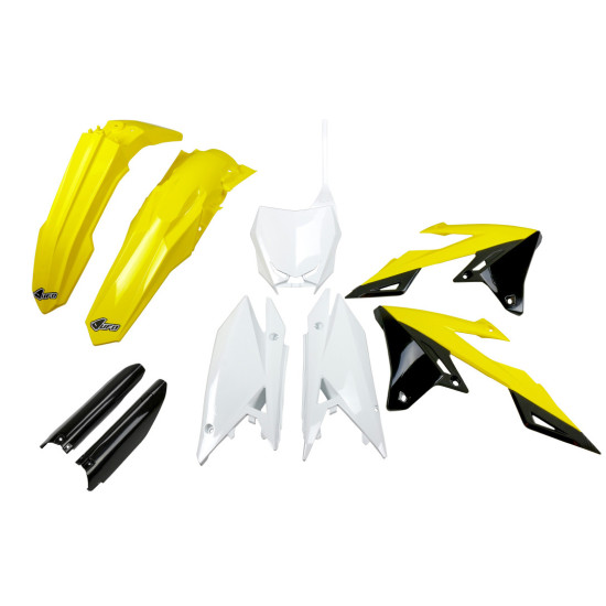 UFO PLASTIC SET (FULL KIT) WITH TELESCOPIC COVERS (SHOCK ABSORBERS) SUZUKI RMZ 250 '19-'25, RMZ 450 '18-'25 OEM COLOR (Y
