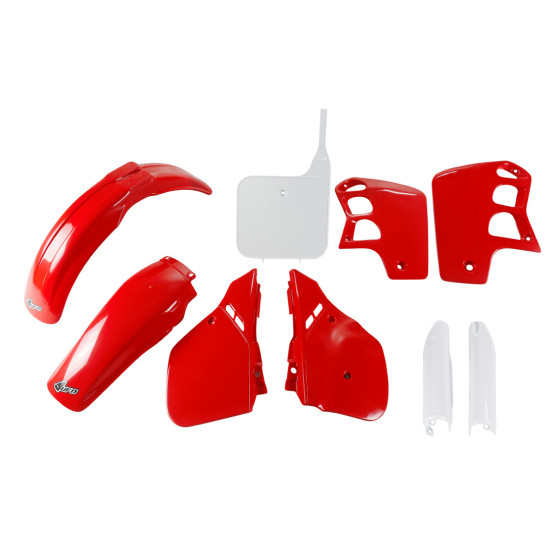 UFO PLASTIC SET (FULL KIT) WITH TELESCOPE (SHOCK ABSORBER) COVERS HONDA CR 500 '89-'90 OEM COLOR (RED / WHITE) (HO091E99