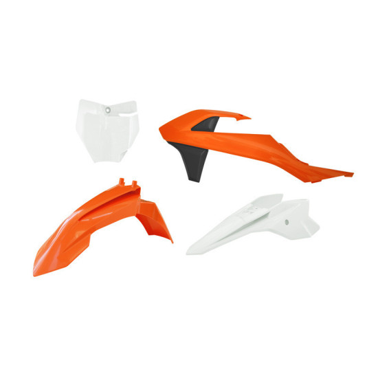 RACETECH (RTECH) PLASTIKO RINKINYS KTM SX 50 '16-'23, SX-E 3-5 '20-'24 SPALVA ORANŽINĖ / BALTA / JUODA (OEM '16 / '18)