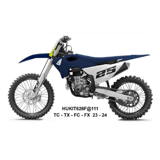 UFO 2025 / 11 PLASTIKINIS RINKINYS (PILNAS KOMPLEKTAS) SU TELESKOPINĖMIS APSAUGOMIS (AMORTIZATORIAIS) HUSQVARNA TC 125 /