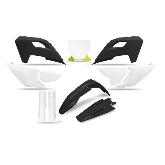 UFO 2025 / 11 PLASTIKINIS RINKINYS (PILNAS KOMPLEKTAS) SU TELESKOPINĖMIS APSAUGOMIS (AMORTIZATORIAIS) HUSQVARNA TC 125 /