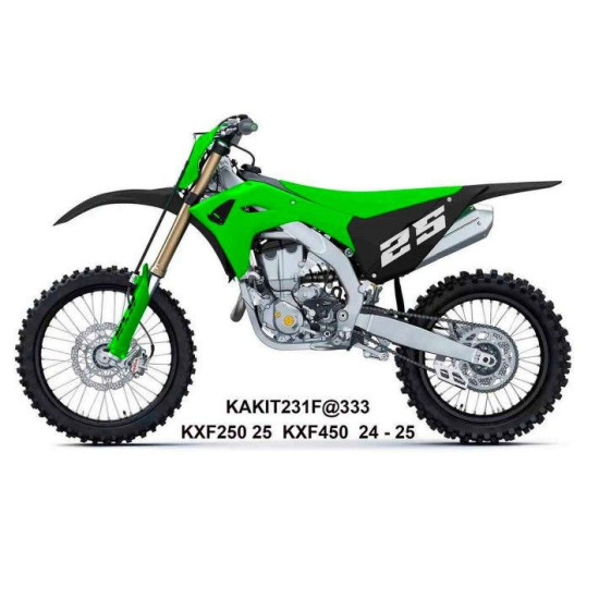UFO 2025 / 11 PLASTIKINIS KOMPLEKTAS (PILNAS) SU TELESKOPU (AMORTIZATORIUMI) UŽDENGIA KAWASAKI KXF 250 '25, KXF 450'24-'
