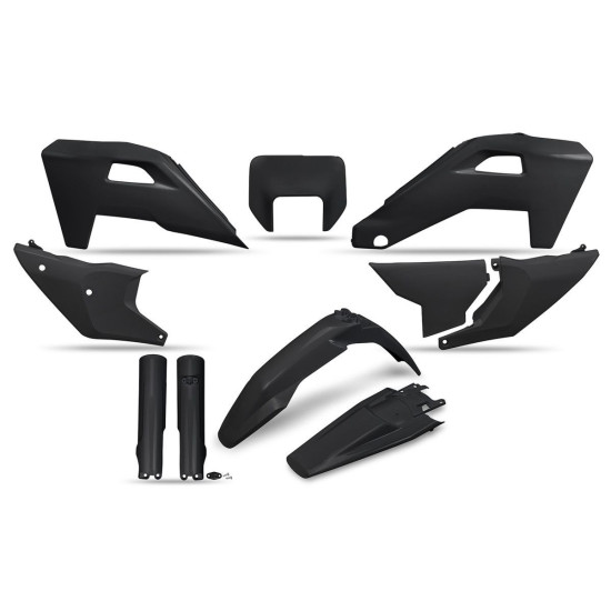 UFO 2025 / 11 PLASTIKINIS RINKINYS (PILNAS KOMPLEKTAS) SU TELESKOPINĖMIS APSAUGOMIS (AMORTIZATORIAIS) HUSQVARNA FE 250 /