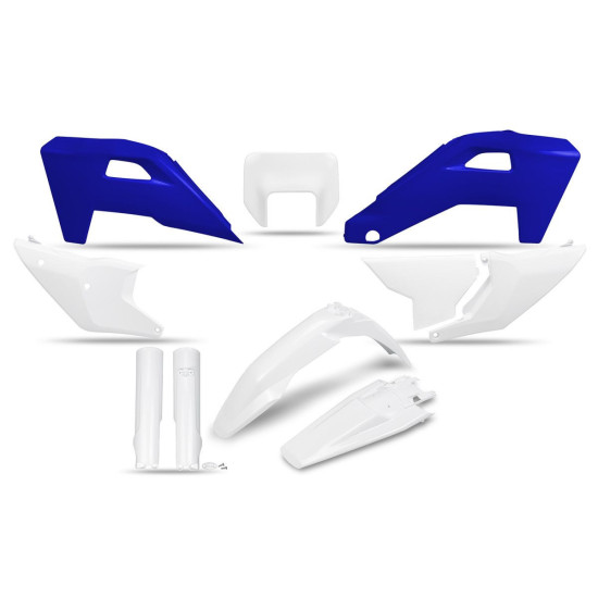 UFO 2025 / 11 PLASTIKINIS RINKINYS (PILNAS KOMPLEKTAS) SU TELESKOPINĖMIS APSAUGOMIS (AMORTIZATORIAIS) HUSQVARNA FE 250 /