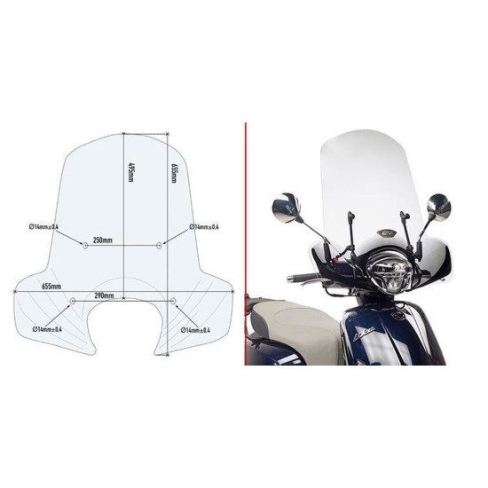KAPPA PRIEKINIS STIKLAS KYMCO LIKE 125 (17-18) SKAIDRUS 49,5 x 65,5 cm - REIKALINGAS MONTAVIMAS A6109AK