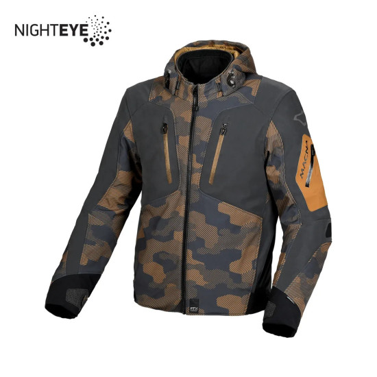 MACNA SALE HOODED ANGLE MOTORCYCLE JACKET DARK BROWN / TAUPE CAMO / BLACK SIZE L