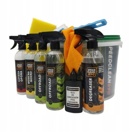 SPEEDCLEAN 890 dviračių plovimo rinkinys (riebalų šalinimo priemonė 500 ml + 2 visureigių plovimo priemonės 500 ml + pad