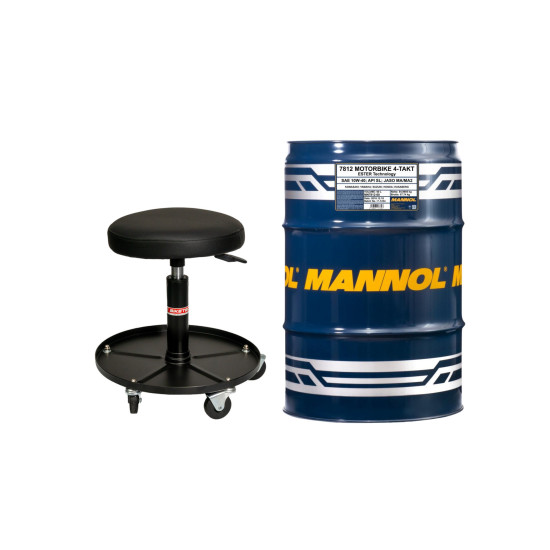 „MANNOL“ 4T variklio alyva 10W40, 60 l, esterinė + MA2 sintetinė (7812) (API SN) – 60 l talpos reklaminis rinkinys su „B