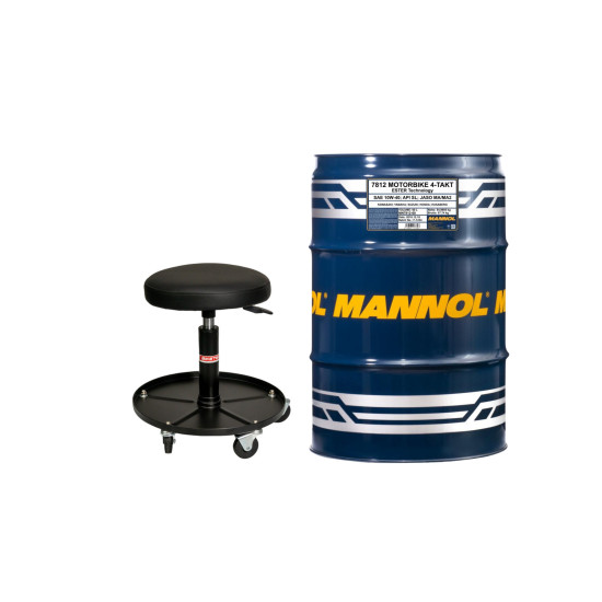 „MANNOL“ 4T MOTOCIKLŲ VARIKLIO ALYVA 10W40 208L ESTERIŲ + MA2 SINTETINĖ (7812) (API SN) 208L BŪGŲ REKLAMINIS RINKINYS SU