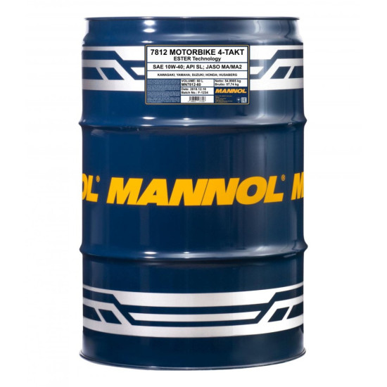 MANNOL MOTOR OIL 4T MOTORBIKE 10W40 60L ESTER + MA2 SYNTHETIC (7812) (API SN) - 1 BARREL 60 L