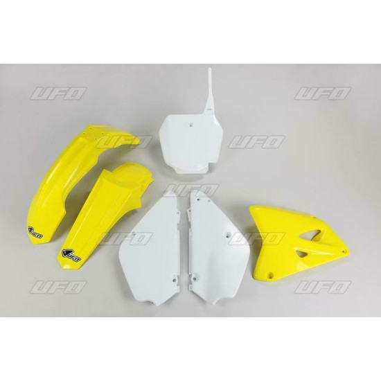 UFO PLASTIKINIS KOMPLEKTAS SUZUKI RM 85 '00-'24 STILIUS PERDIRBTAS SPALVA OEM '00-'15 IR '18-'20 (BALTA/GELTONA) (SU405K