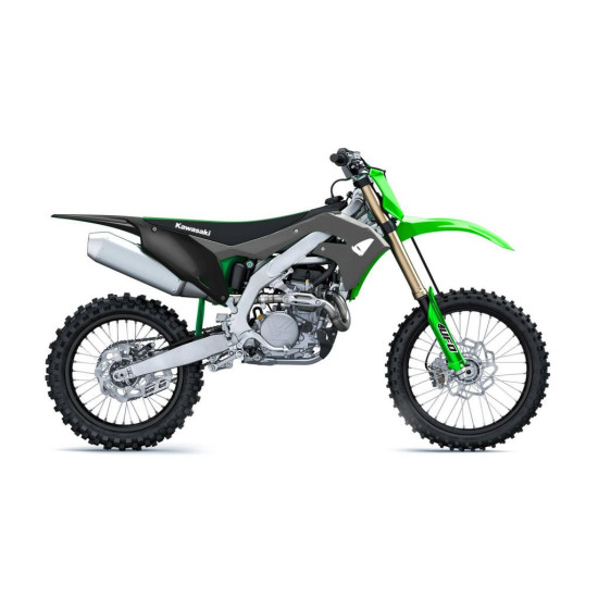 UFO PLASTIC SET KAWASAKI KXF 250 '21, KXF 450 '19-'24 COLOR GRAY / GREEN (INCLUDES TELESCOPE COVERS AND STICKERS)