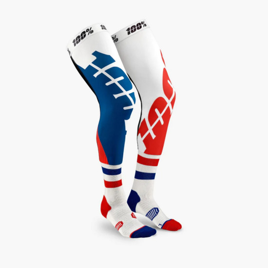 100 procentų aukštos kojinės „Rev MX“ kelio įtvarui, „Corpo“, spalva balta / mėlyna / raudona, dydis L / XL