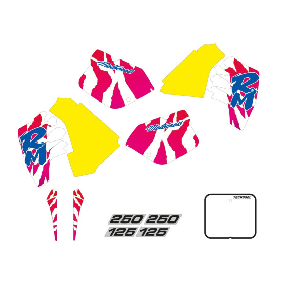 TECNOSEL (BLACKBIRD) STICKER SET + SEAT COVER SUZUKI RM 125 / 250 '89-'92, OEM REPLICA SUZUKI '92