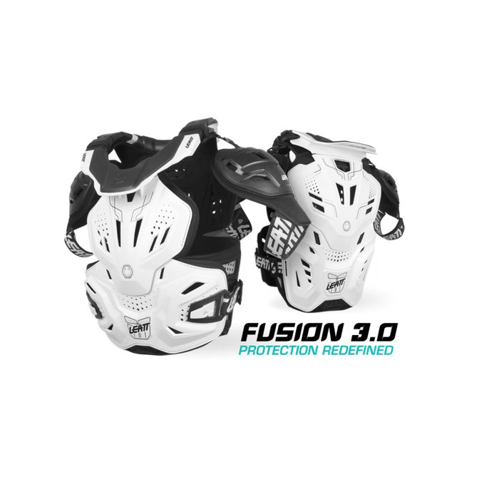 LEATT (2022/2023) krūtinės apsauga su kaklo apsauga NECK BRACE modelis FUSION VEST 3,0 WHITE spalva balta dydis S/M