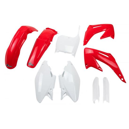 UFO PLASTIC SET (FULL KIT) WITH TELESCOPE (SHOCK ABSORBER) COVERS HONDA CR 125 / 250 '02-'03 OEM COLOR (RED / WHITE) (HO