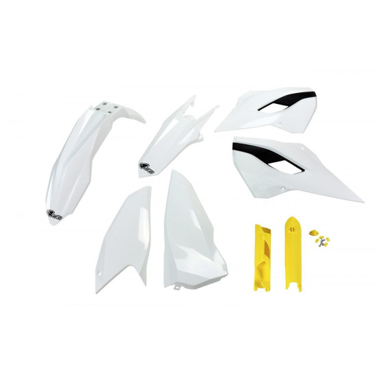 UFO PLASTIKINIS RINKINYS (PILNAS KOMPLEKTAS) SU TELESKOPINĖMIS APSAUGOMIS (AMORTIZATORIAIS) HUSQVARNA TE / FE 125 / 250 