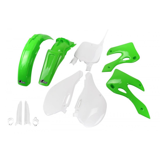 UFO PLASTIKINIS RINKINYS (PILNAS KOMPLEKTAS) SU TELESKOPU (AMORTIZATORIUMI) DANGTELIAIS KAWASAKI KX 125 / 250 '99-'02 OE