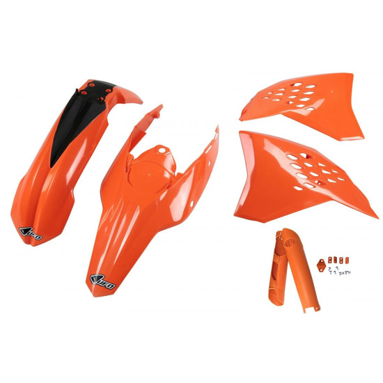 UFO PLASTIKINIS RINKINYS (PILNAS) SU TELESKOPU (AMORTIZATORIUMI) DANGTELIAIS KTM EXC '09-'10 ORANŽINIS (KT511E127)