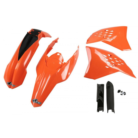 UFO PLASTIKINIS RINKINYS (PILNAS RINKINYS) SU TELESKOPU (AMORTIZATORIUMI) DANGTELIAIS KTM EXC '09-'10 OEM SPALVA (ORANŽI