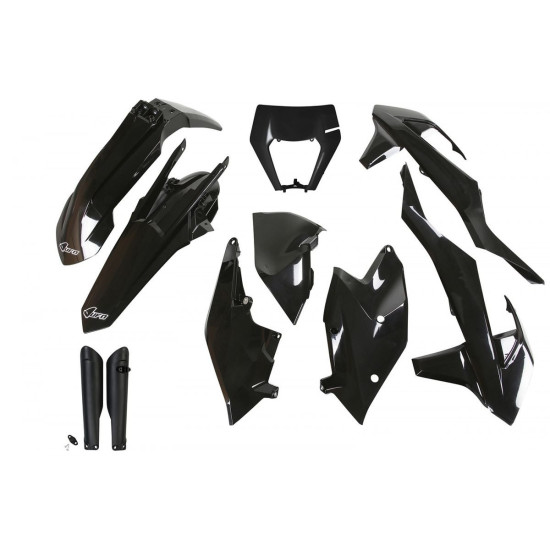 UFO PLASTIC SET (FULL KIT) WITH TELESCOPE (SHOCK ABSORBER) COVERS KTM EXC / EXC-F TPI '17-'19 WITH LAMP COVER BLACK (KT5