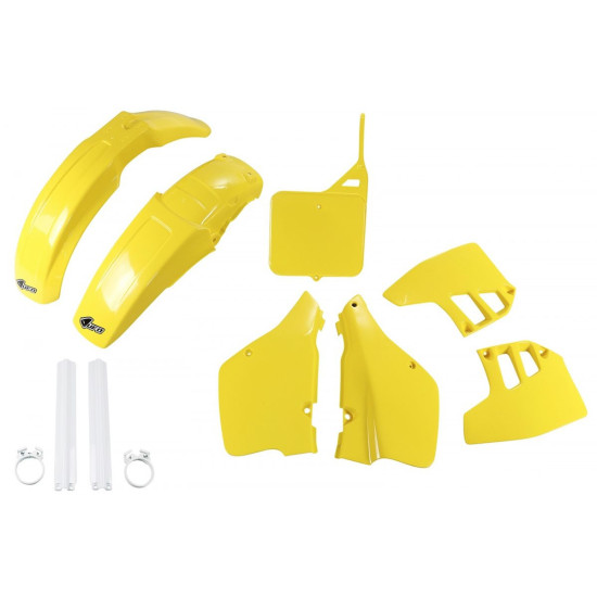UFO PLASTIC SET (FULL KIT) WITH TELESCOPIC (SHOCK ABSORBER) COVERS SUZUKI RM 250 '89-'91 OEM COLOR (YELLOW) (SU398E999)