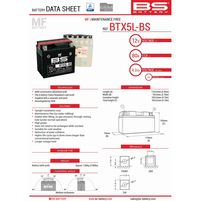 BS battery BTX5L-BS (YTX5L-BS) 12V 4AH 114X71X106 Electrolyte filling separately (70A) (8) UE2019/1148