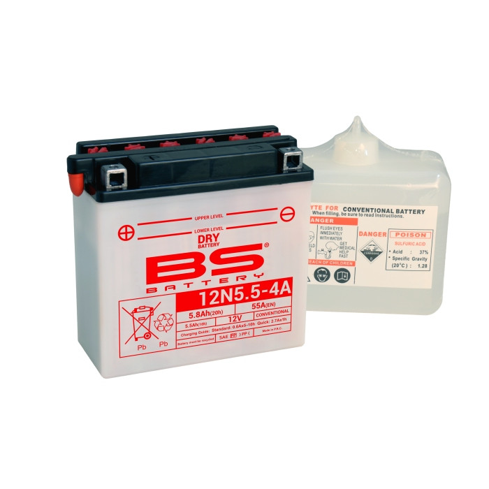 BS battery 12N5,5-4A (12N5,5-4A) 12V 5,5AH 135X60X130 Electrolyte filling separately (70A) (6) UE2019/1148