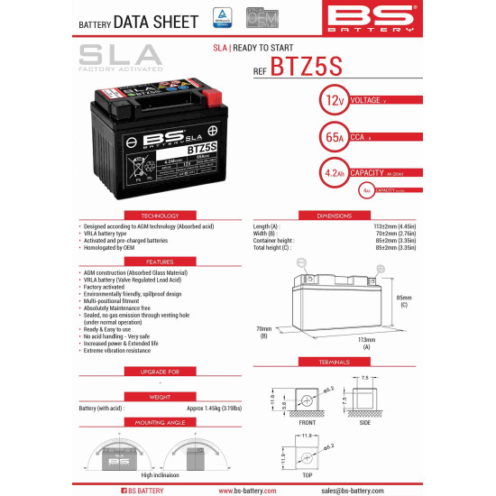 BS battery BTZ5S (FA) (YTZ5S) 12V 4AH 113X70X85 filled (65A) (8) - old product code 300669