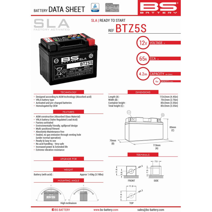 BS battery BTZ5S (FA) (YTZ5S) 12V 4AH 113X70X85 filled (65A) (8) - old product code 300669
