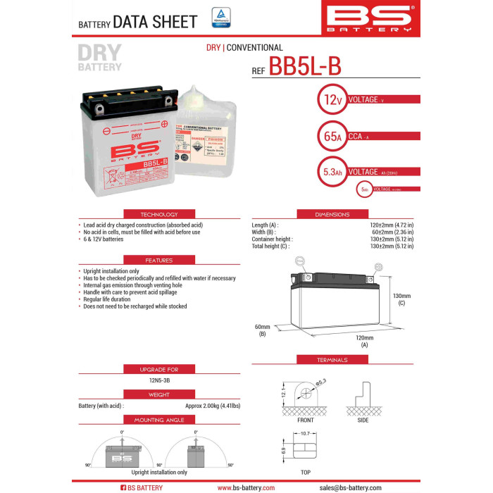 BS battery BB5L-B (YB5L-B) (12N5-3B) 12V 5AH 120X60X130 Electrolyte filling separately (65A) (6) UE2019/1148