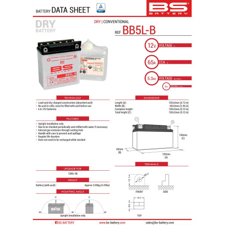 BS akumuliatorius BB5L-B (YB5L-B) (12N5-3B) 12V 5AH 120X60X130 Elektrolitų užpildas atskirai (65A) (6) UE2019/1148