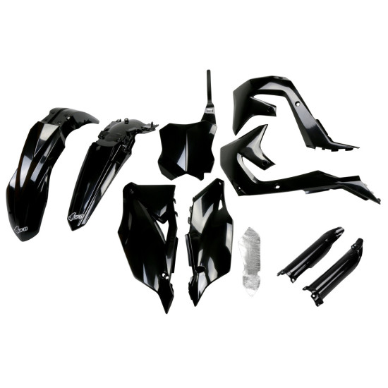 UFO PLASTIKINIS RINKINYS (PILNAS KOMPLEKTAS) SU TELESKOPŲ DANGTELIAIS (AMORTIZATORIAI) KAWASAKI KXF 250 '21-24, KXF 450 
