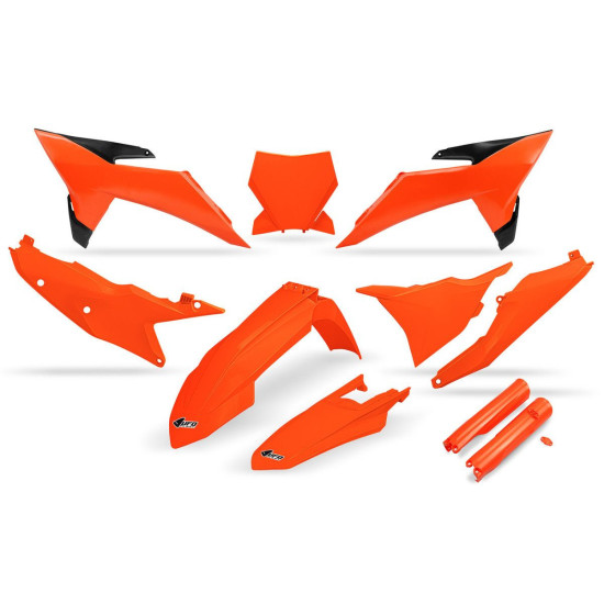 UFO PLASTIKINIS RINKINYS (PILNAS KOMPLEKTAS) SU TELESKOPO (AMORTIZATORIAUS) APSAUGOMIS KTM SSX 125 / 150 / 250 / 300 '25