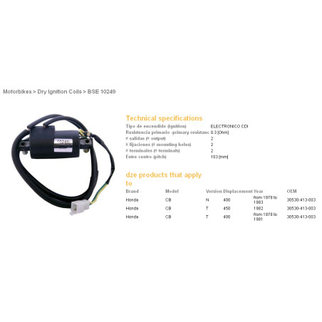 DZE ignition coil (reel) HONDA CB 400 '78-83, CB 450 NIGHTHAWK '82-85 (OEM 30530-413-003)