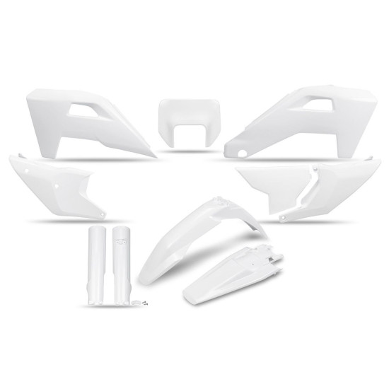 UFO 2025 / 11 PLASTIKINIS RINKINYS (PILNAS KOMPLEKTAS) SU TELESKOPINĖMIS APSAUGOMIS (AMORTIZATORIAIS) HUSQVARNA FE 250 /