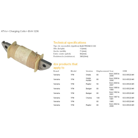 DZE charge coil YAMAHA YFM 80 RAPTOR/GRIZZLY '02-'08 (5G3-85520-M1) (390 OHM)