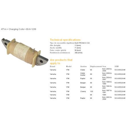 DZE charge coil YAMAHA YFM 80 RAPTOR/GRIZZLY '02-'08 (5G3-85520-M1) (390 OHM)