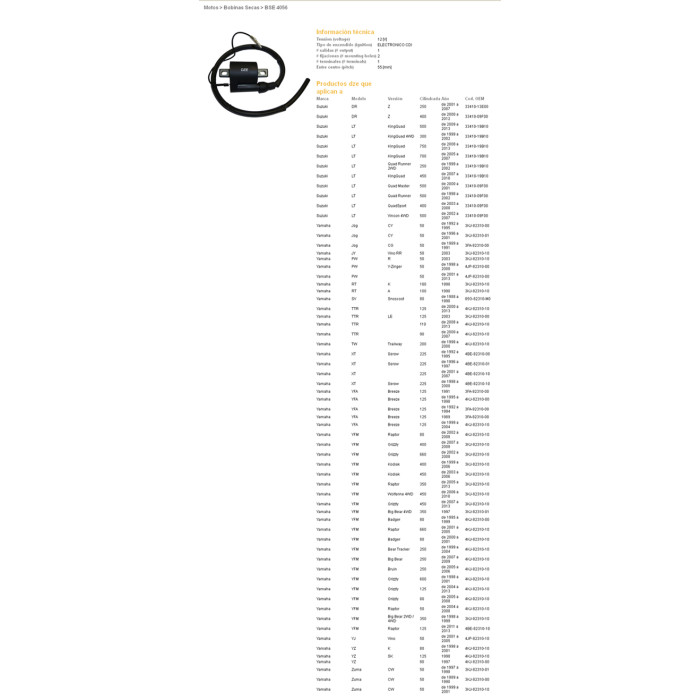 DZE ignition coil (reel) SUZUKI DRZ 400 '00-'12, KING QUAD 700/750 '05-'13, YAMAHA GRIZZLY/RAPTOR/KODIAK 350/400/450/600/660