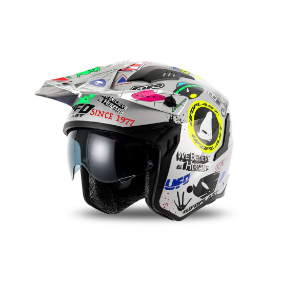 UFO HELMET SHERATAN JET / TRIAL WITH SUN VISOR, SILVER COLOR WITH COLOR UFO APPLICATIONS, SIZE XS - COLLECTION 2025 / 20