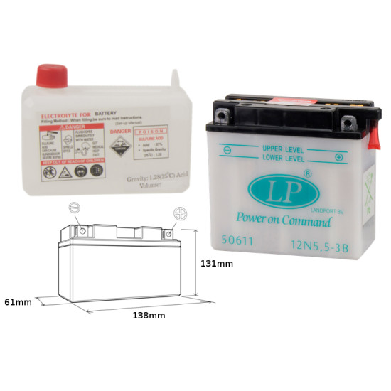 LANDPORT battery 12N5,5-3B 12V 5,5AH 138X61X131 Electrolyte filler separately UE2019/1148