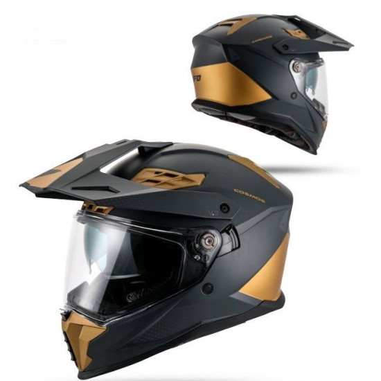 UFO 2026 / 01 COSMOS OFFROAD / DUAL / TOURER / CROSSOVER ŠALMAS SU SKYDELIU, SKYDELIU NUO SAULĖS, JUODA / AUKSINĖ, DYDIS