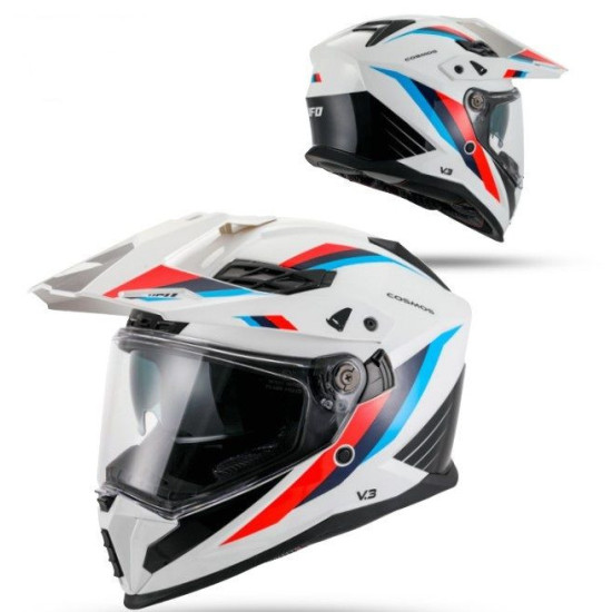 UFO 2026 / 01 COSMOS OFFROAD / DUAL / TOURER / CROSSOVER ŠALMAS SU SKYDELIU, SKYDELIU NUO SAULĖS, SPALVA BALTA / RAUDONA