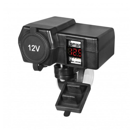 BOOSTER 12V charging socket with USB ports and voltmeter (steering wheel mount included) color black (BOOST)